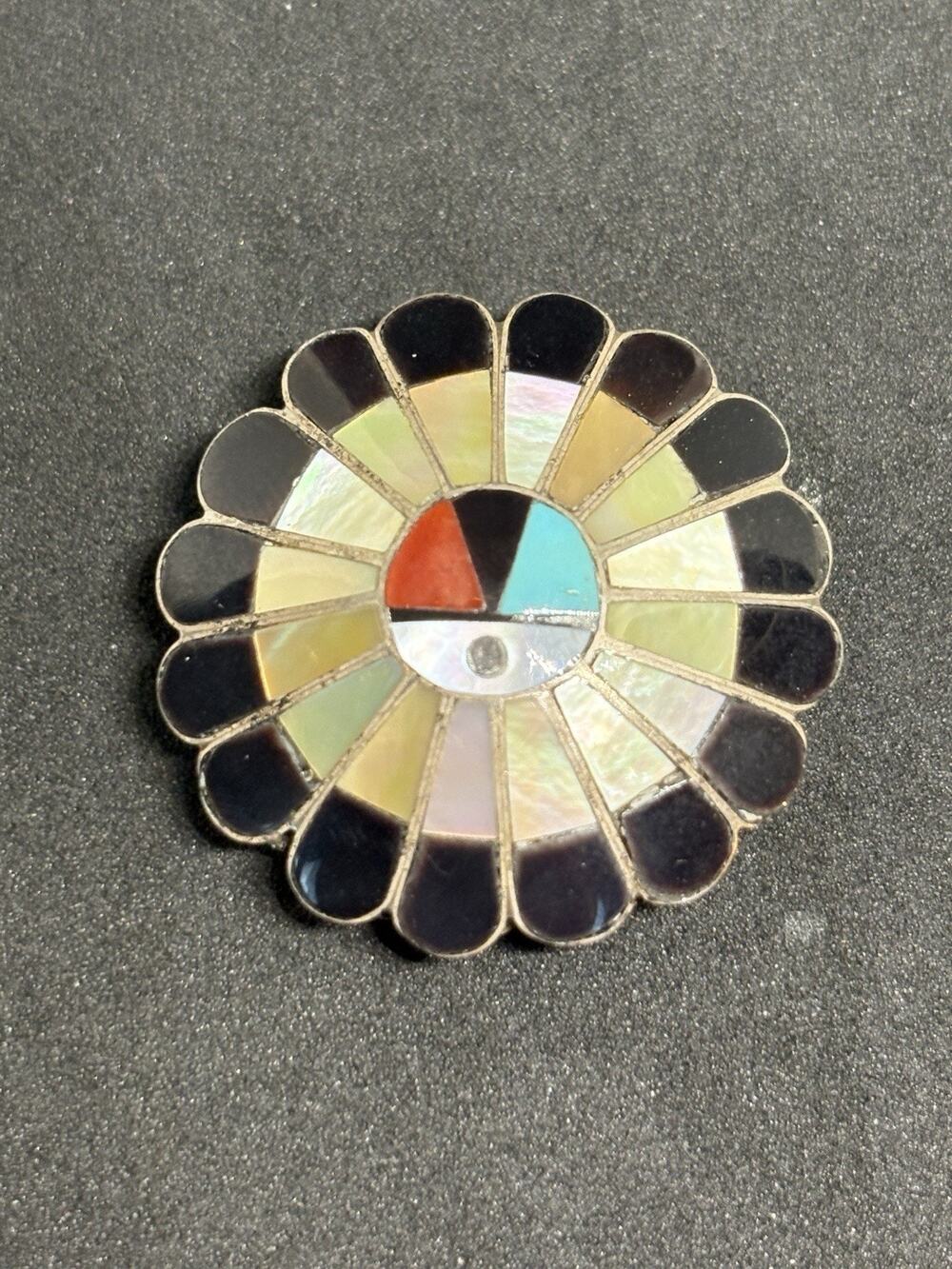 Burdian Soseeah Zuni Vintage Sterling Silver Sunface Inlay Pendant Brooch Mop